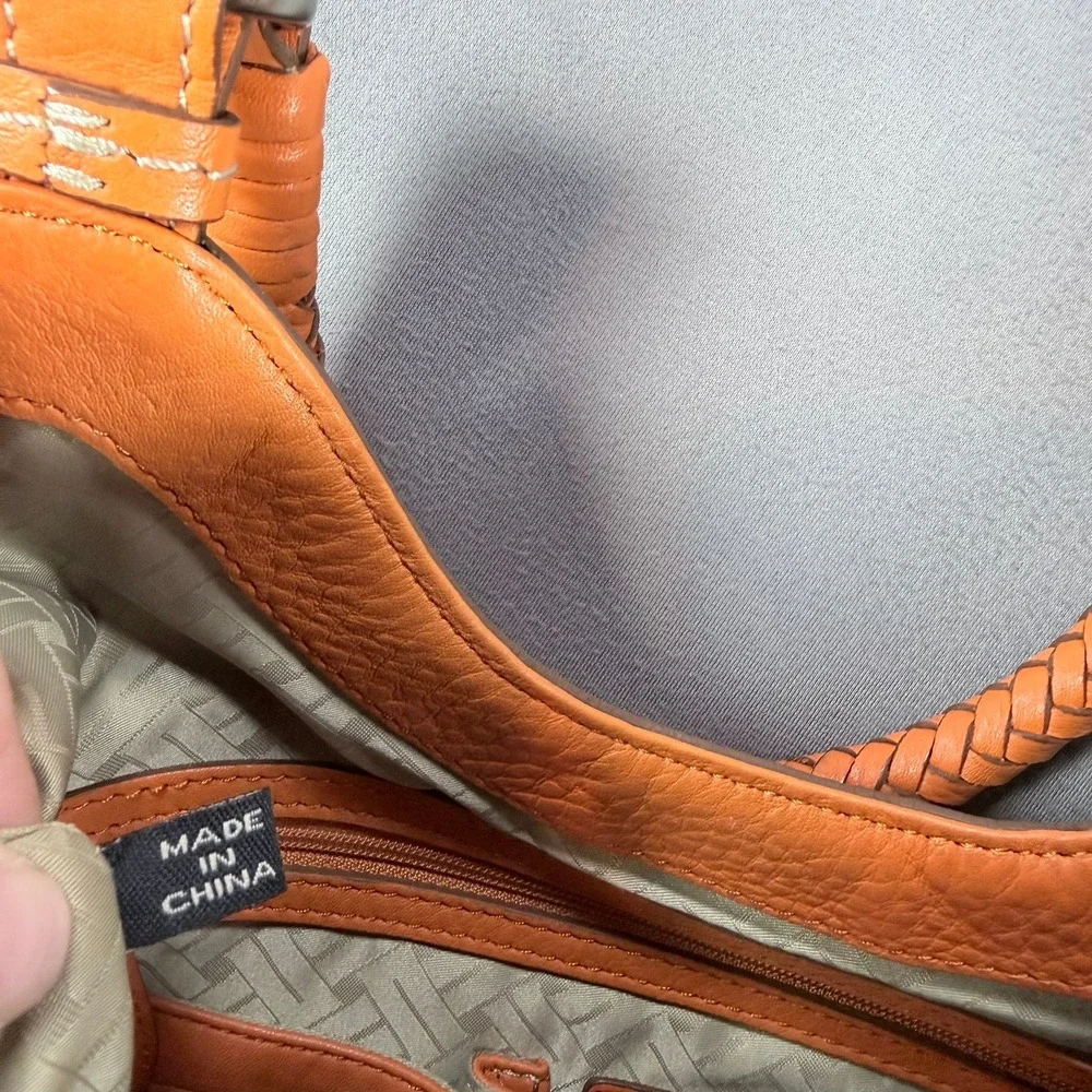 Cole Haan Genevieve Hobo Bag Canvas‎ Leather Orange Tan Large Braided Silver HW